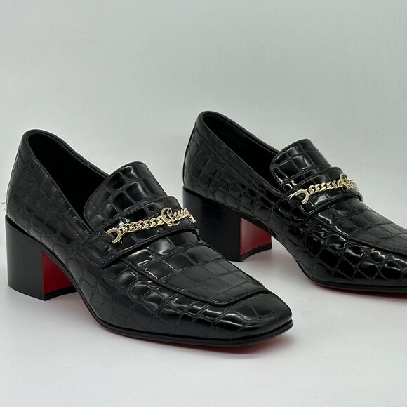 Christian Louboutin MJ MOC 50 Croc Leather Heeled Loafers Shoes Chain CL - Picture 13 of 16